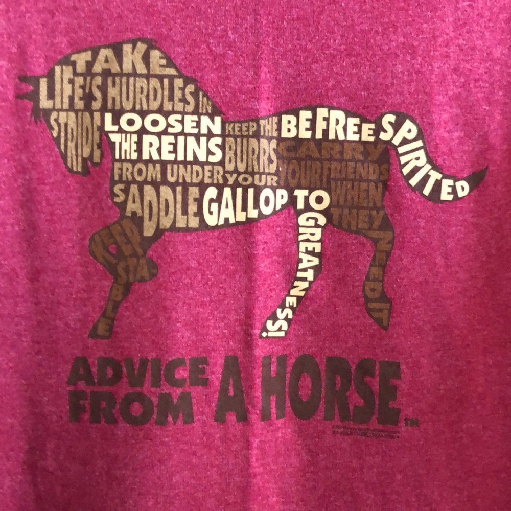 “Advice From A Horse” t-shirt by Earth Sun Moon, Size Large, reddish color